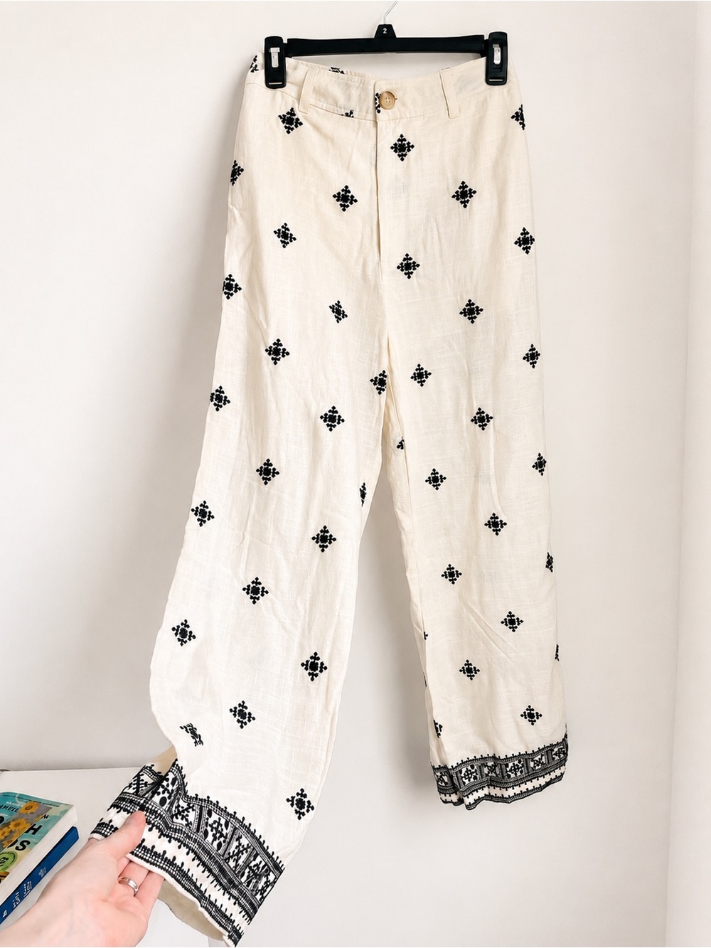 Fore Linen Blend Embroidered Wide-Leg Boho Pants Cream Black